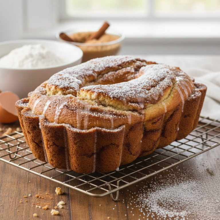 Upieczone ciasto o złotobrązowym kolorze i karbowanych bokach spoczywa na metalowej kratce. Wierzch jest udekorowany smugami lukru oraz warstwą cukru pudru. Wokół na drewnianym blacie rozsypany jest cukier i okruchy ciasta.