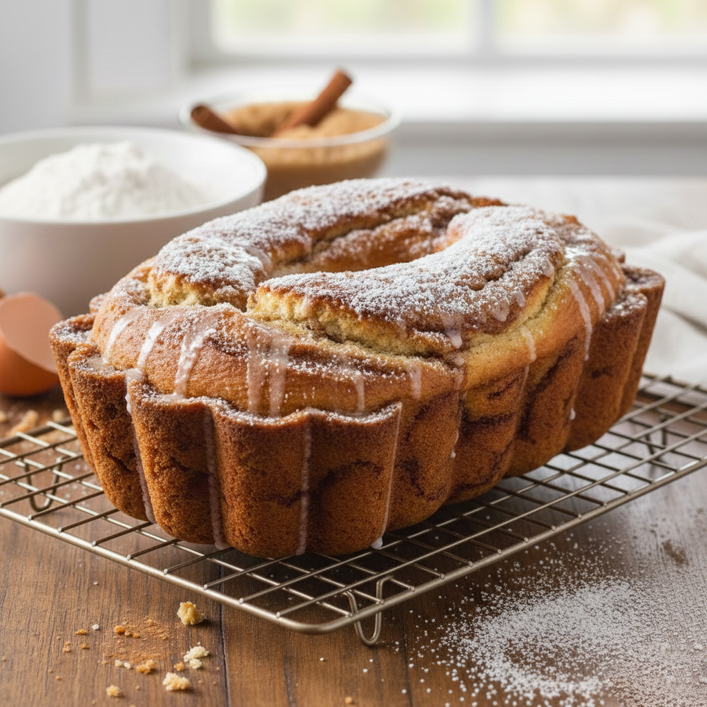 Upieczone ciasto o złotobrązowym kolorze i karbowanych bokach spoczywa na metalowej kratce. Wierzch jest udekorowany smugami lukru oraz warstwą cukru pudru. Wokół na drewnianym blacie rozsypany jest cukier i okruchy ciasta.