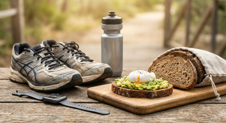 Zdrowe śniadanie dla aktywnych: tost z awokado na chlebie rzemieślniczym i buty do biegania.