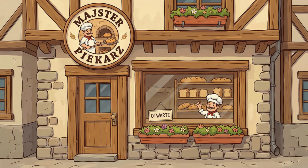 Ilustracja przedstawiająca tradycyjną fasadę piekarni rzemieślniczej Majster Piekarz w Warszawie. Na rysunku widać logo marki, witrynę pełną świeżego chleba oraz uśmiechniętego piekarza zapraszającego do środka