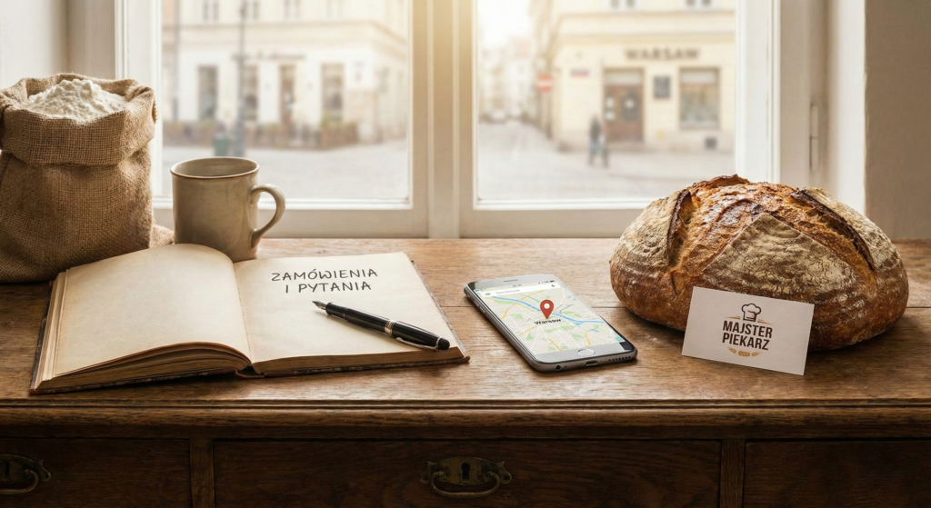 Biurko z telefonem wyświetlającym mapę Warszawy, wizytówką Majster Piekarz i świeżym chlebem na zakwasie. Koncepcja kontaktu i składania zamówień w piekarni rzemieślniczej.