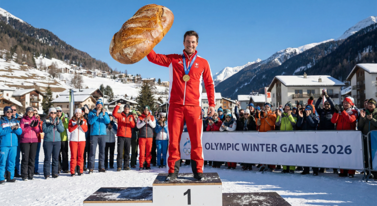 Olimpijczyk na pierwszym miejscu podium trzymający wielki bochenek rzemieślniczego chleba na zakwasie zamiast trofeum, Zimowe Igrzyska Olimpijskie 2026.