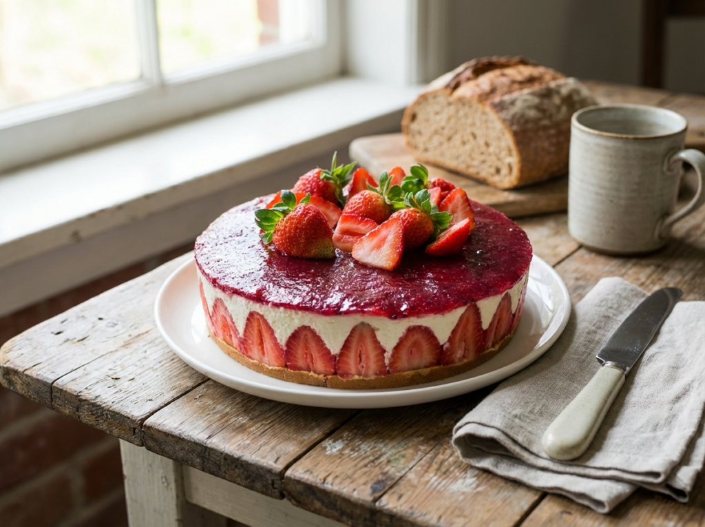 Gotowy rzemieślniczy sernik z truskawkami i galaretką na kruchym spodzie, serwowany w piekarni rzemieślniczej Majster Piekarz.