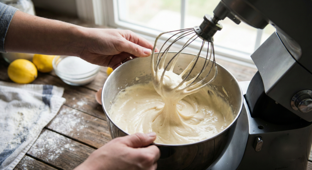 Ubijanie jasnej i puszystej bazy maślanej na domowe ciasto cytrynowe w misie miksera planetarnego