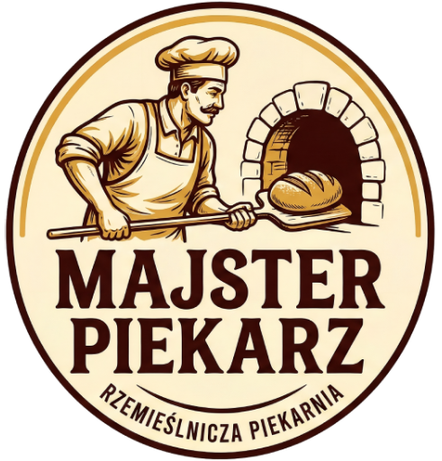 Logo rzemieślniczej piekarni Majster Piekarz przedstawiające piekarza przy tradycyjnym piecu chlebowym