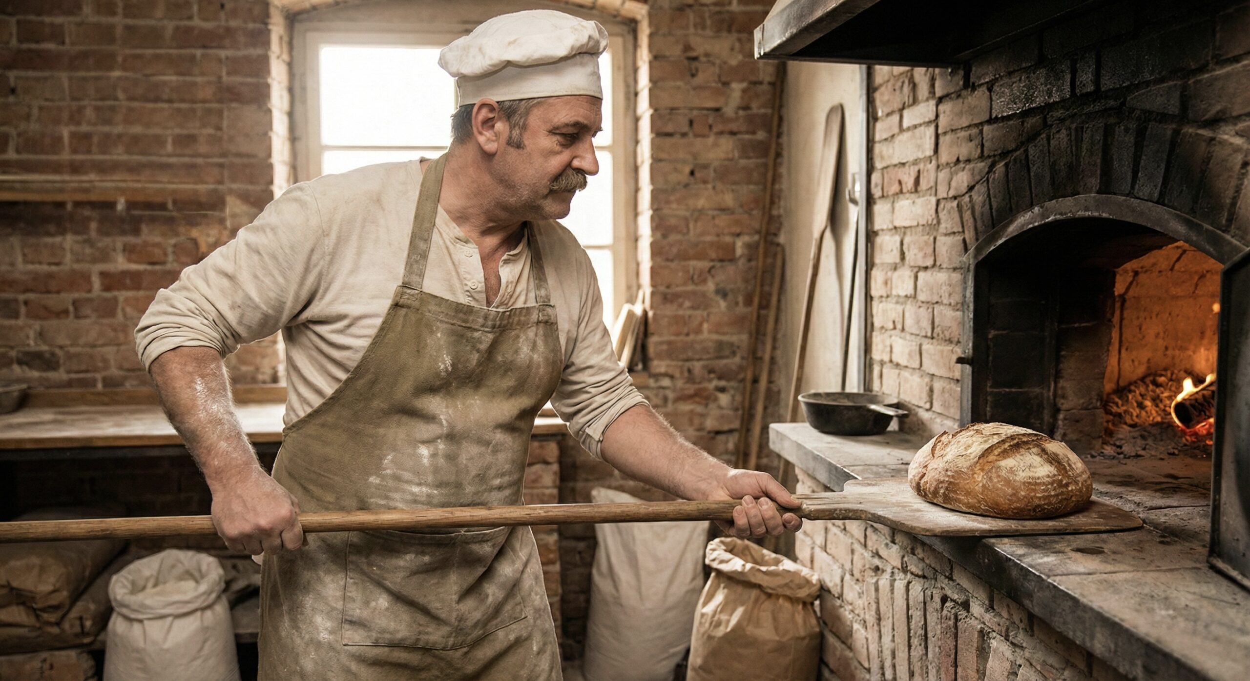 Doświadczony piekarz wkładający tradycyjny chleb do kamiennego pieca.