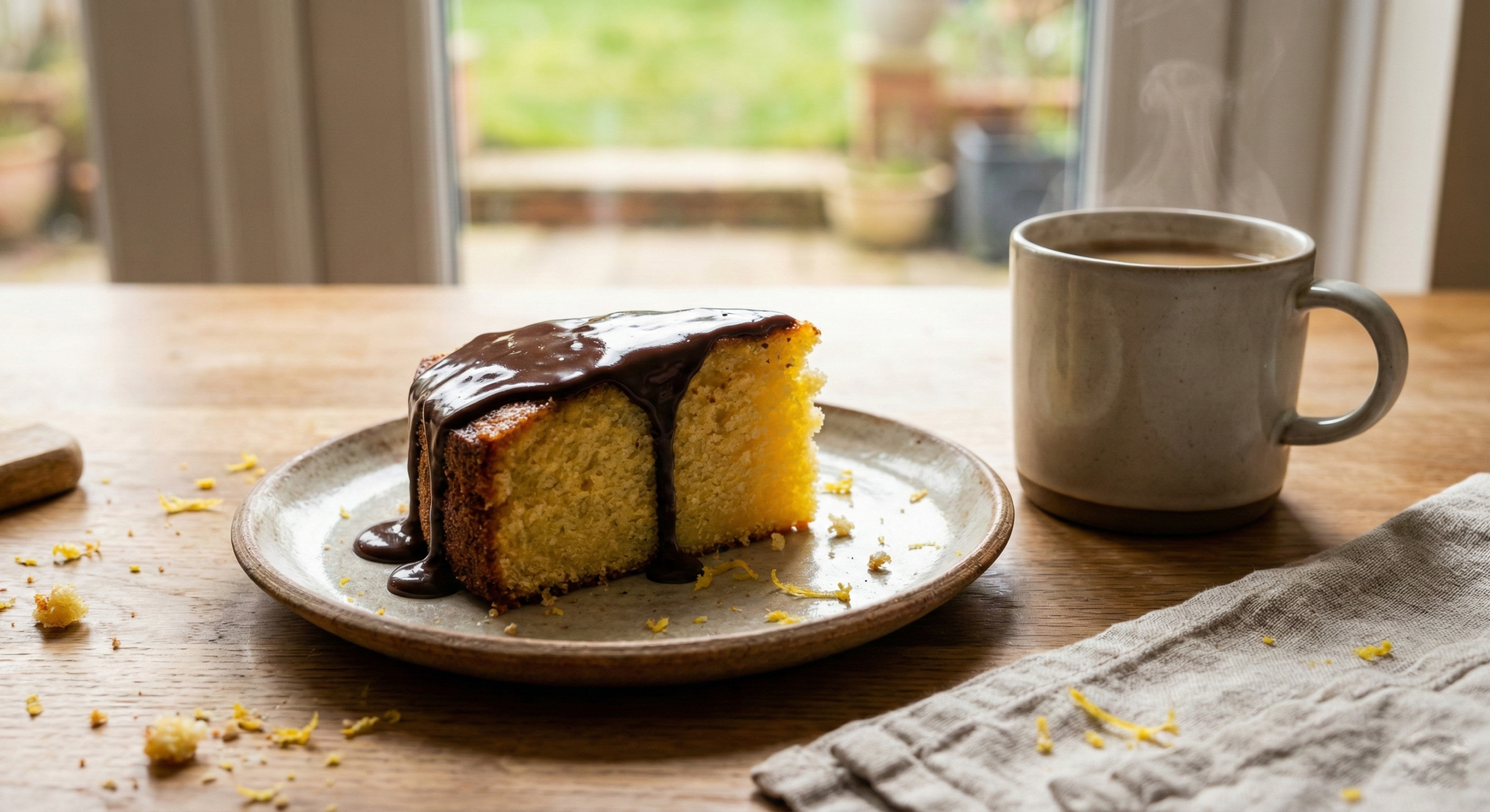 Kawałek wilgotnego wypieku, czyli gotowe ciasto cytrynowe z polewą czekoladową podane na ceramicznym talerzu z gorącą kawą