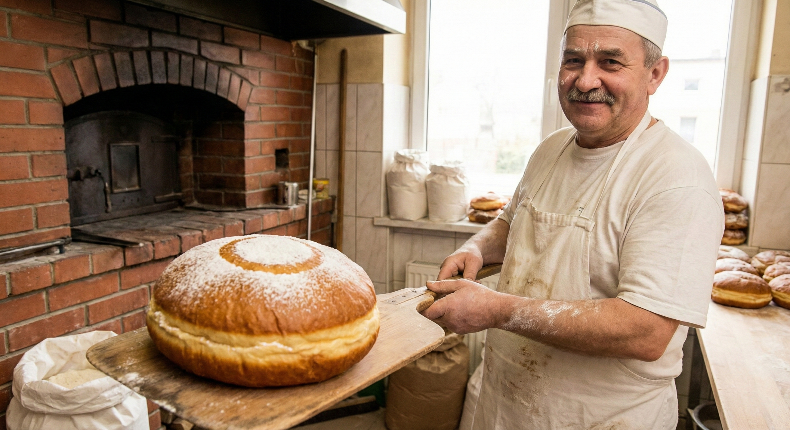 Doświadczony majster piekarz w białym fartuchu trzymający na drewnianej łopacie duży, tradycyjny pączek rzemieślniczy z jasną obwódką na tle ceglanego pieca.