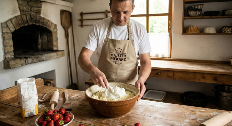 Majster Piekarz w fartuchu firmowym ręcznie przygotowuje masę na rzemieślniczy sernik w tradycyjnej pracowni w Warszawie.
