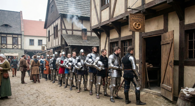 Piekarnia rzemieślnicza Majster Piekarz kolejka rycerzy czekających na tradycyjny chleb w dawnej Warszawie.