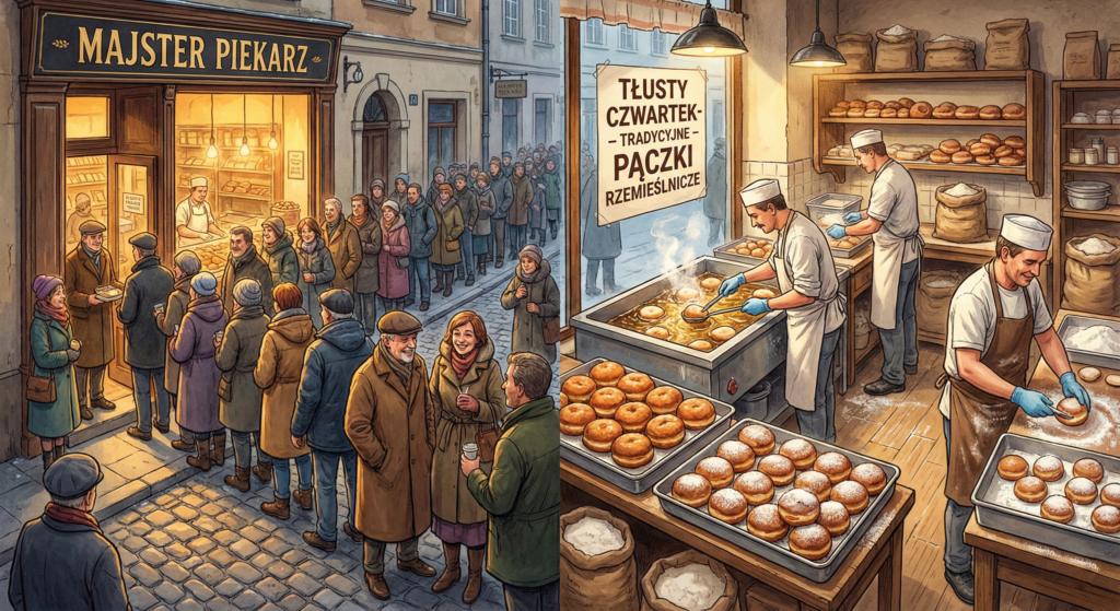 Długa kolejka klientów przed rzemieślniczą piekarnią Majster Piekarz w Warszawie podczas Tłustego Czwartku oraz wnętrze pracowni, gdzie piekarze smażą tradycyjne pączki.